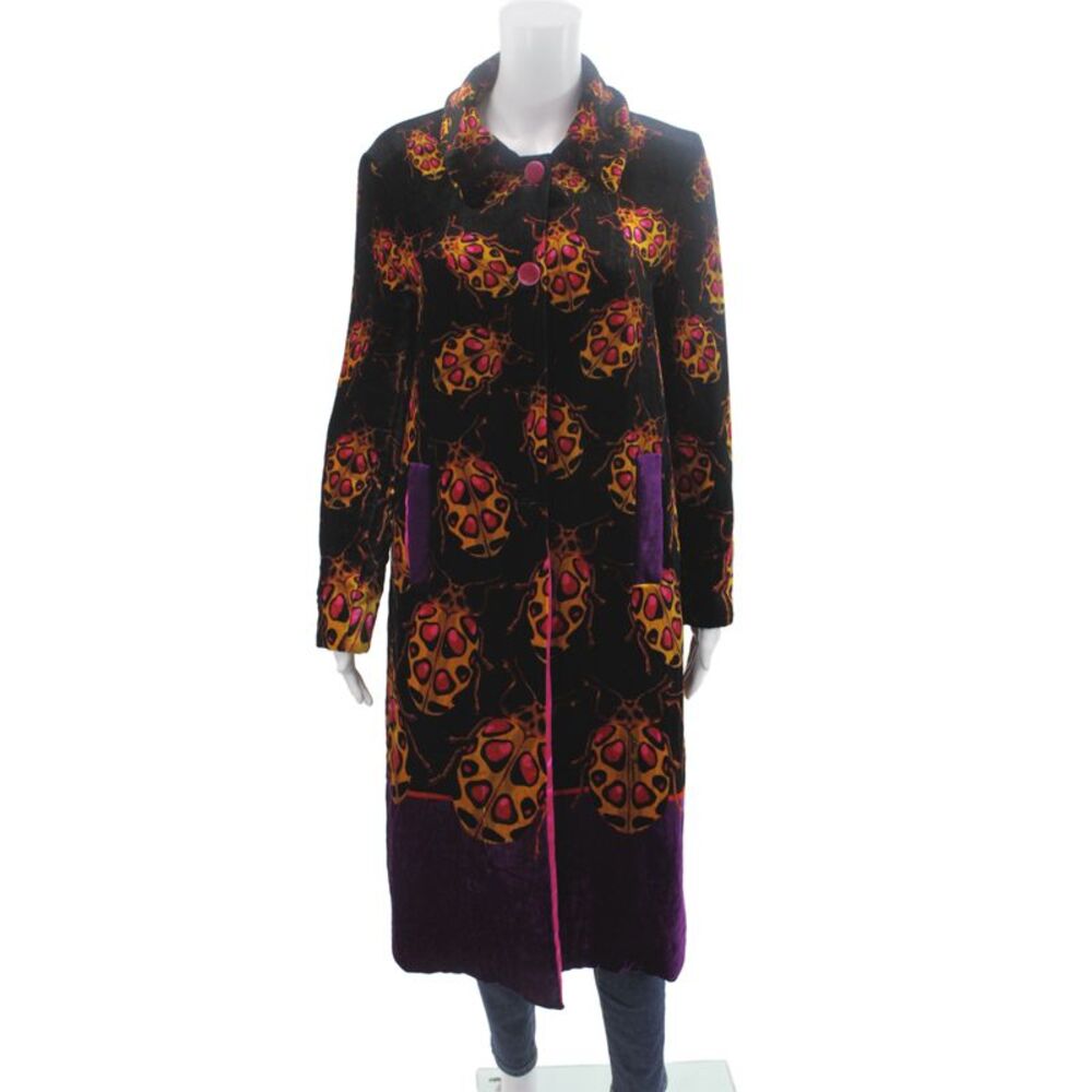 Franco Ferrari Women Black Viscose Animal Print Overcoat Long Sleeve Size S